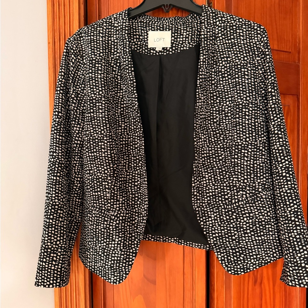 LOFT Black and White Dotted Open-Front Blazer